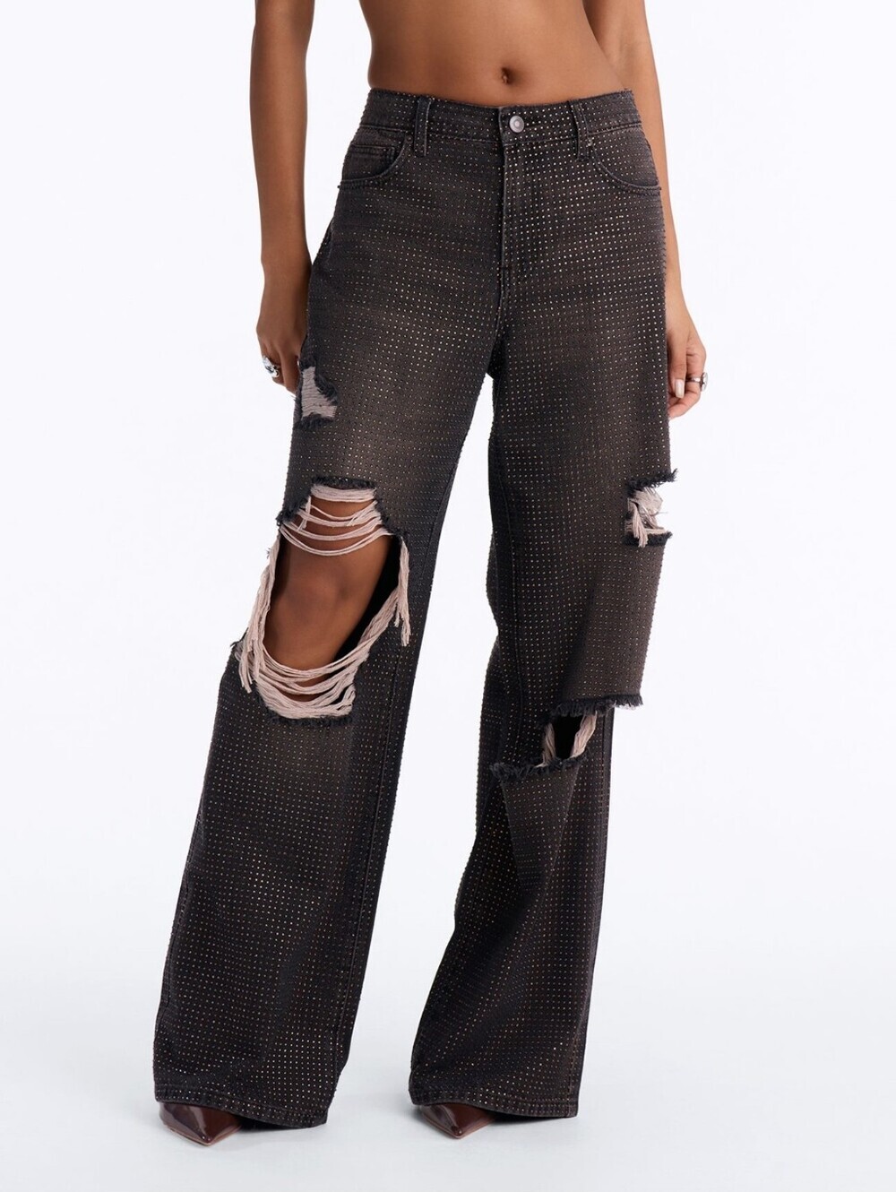 Show Off Rhinestone Embellished Ripped Wide Leg Jeans - Brown